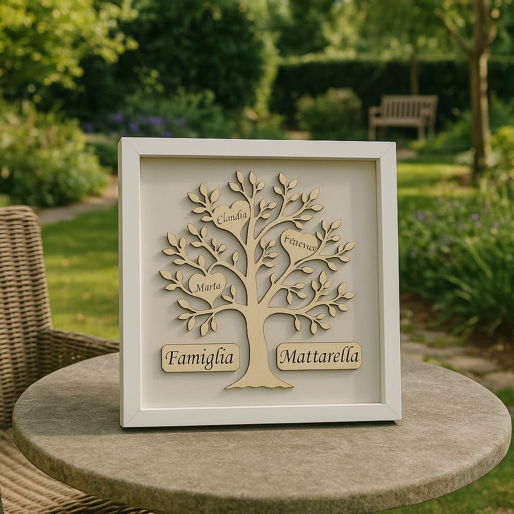 Stileitaliano Quadro Personalizzato Albero della Vita in Legno con Cornice, Regalo Famiglia con Nomi Incisi, Decorazione da Parete o Tavolo, Bianco