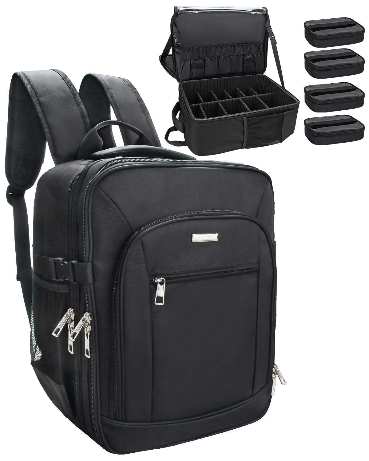 Makeup Backpack Makeup Artist Bag Professional Extra Large Cosmetic Bag Travel Train Case Storage Organizer Double-Layer Large Capacity Cosmetic Case with 4 Pouch(Black)
