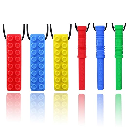 Chew Necklace by GNAWRISHING 6-Pieces Perfect for Autistic, ADHD, SPD, Oral Motor Children, Kids, Boys, and Girls (Tough, Long-Lasting)