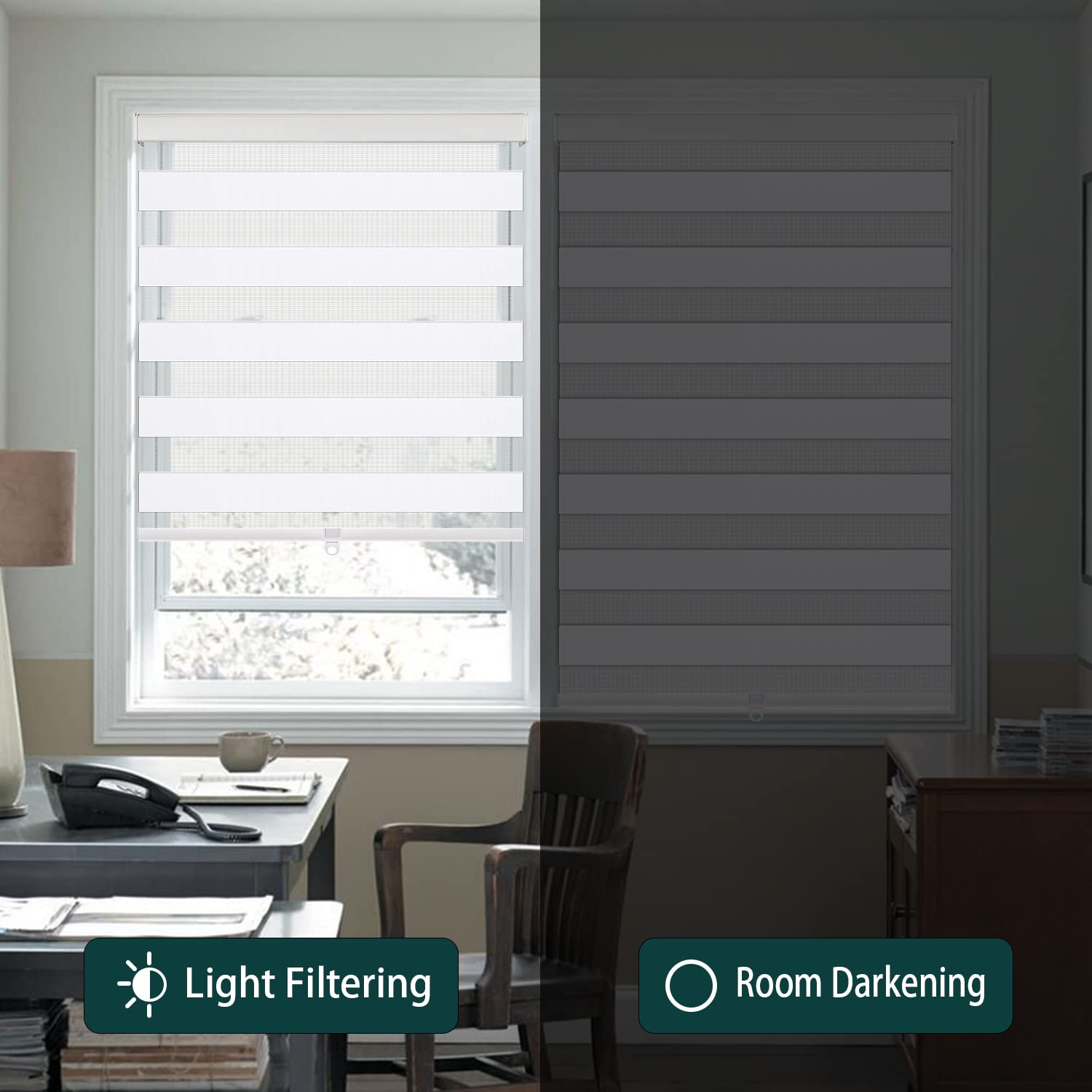 IDEKIO cordless zebra blinds offer dual-layer light control and a clean, modern look.