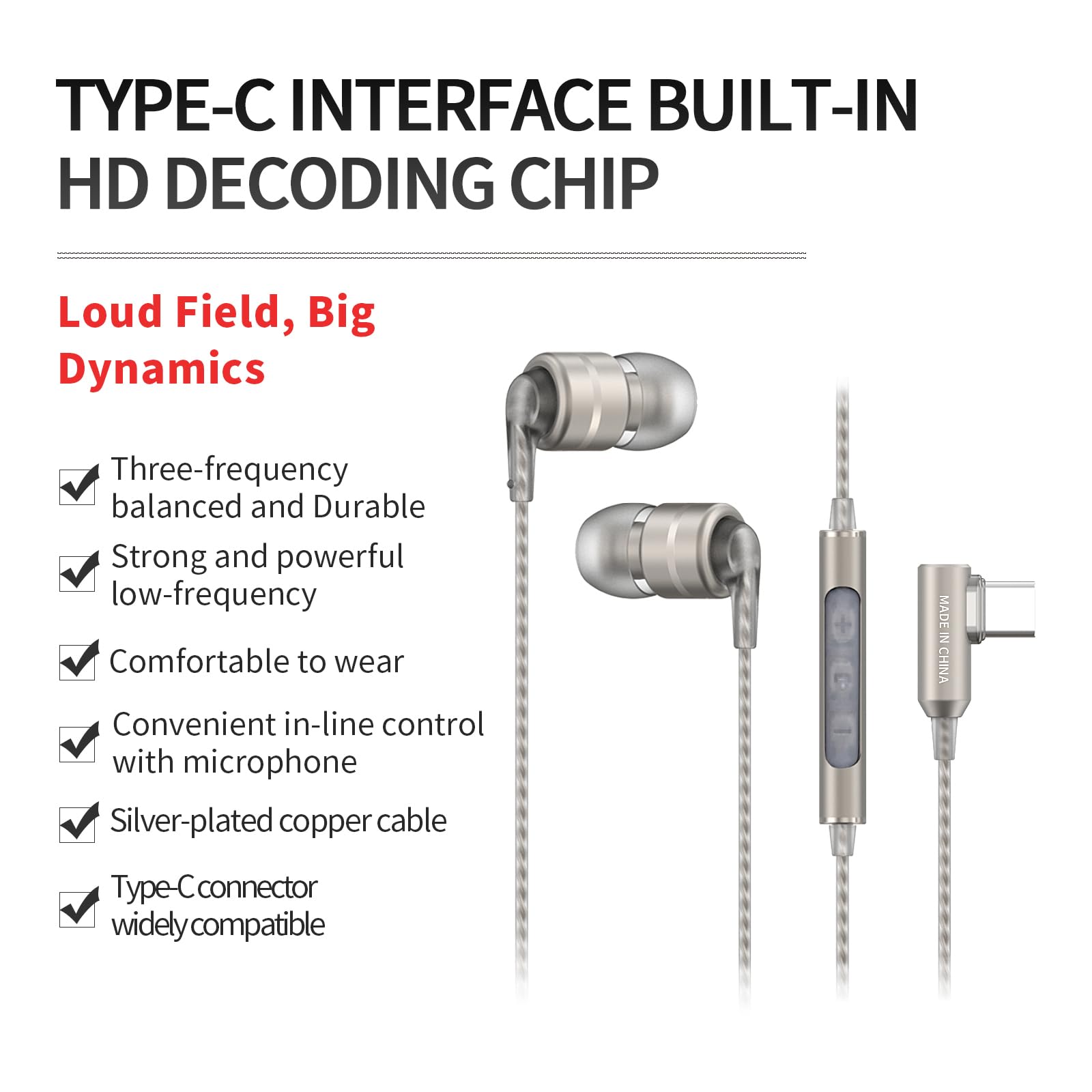 SoundMAGIC E80D Digital USB C Headphones - Type C Wired Earbuds with Microphone HiFi Stereo Earphones Powerful Bass Noise Isolating Compatible with Android Device, Gunmetal