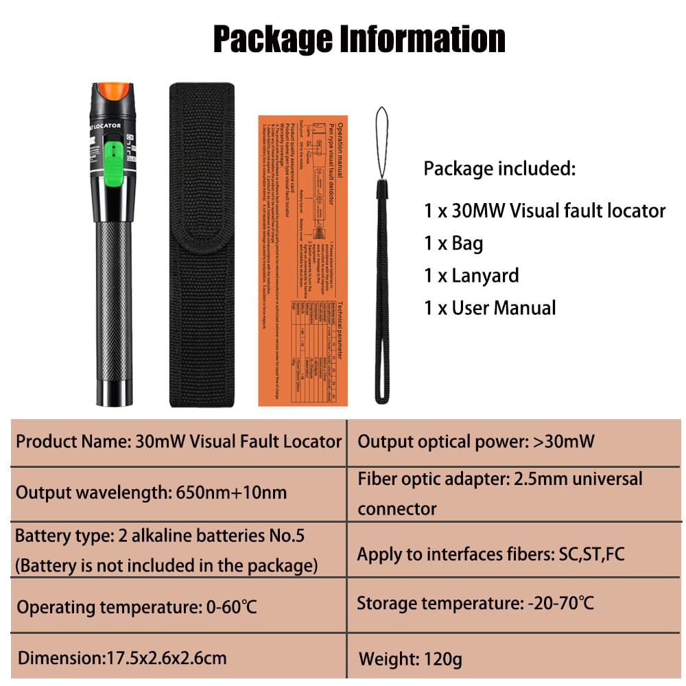 30mW Localisateur Visuel de Défauts, FTTH Testeur de Fibre Optique 30KM, Stylo de Fibre Optique à L'interface Standard de 2,5 mm, test fibre, testeur câble