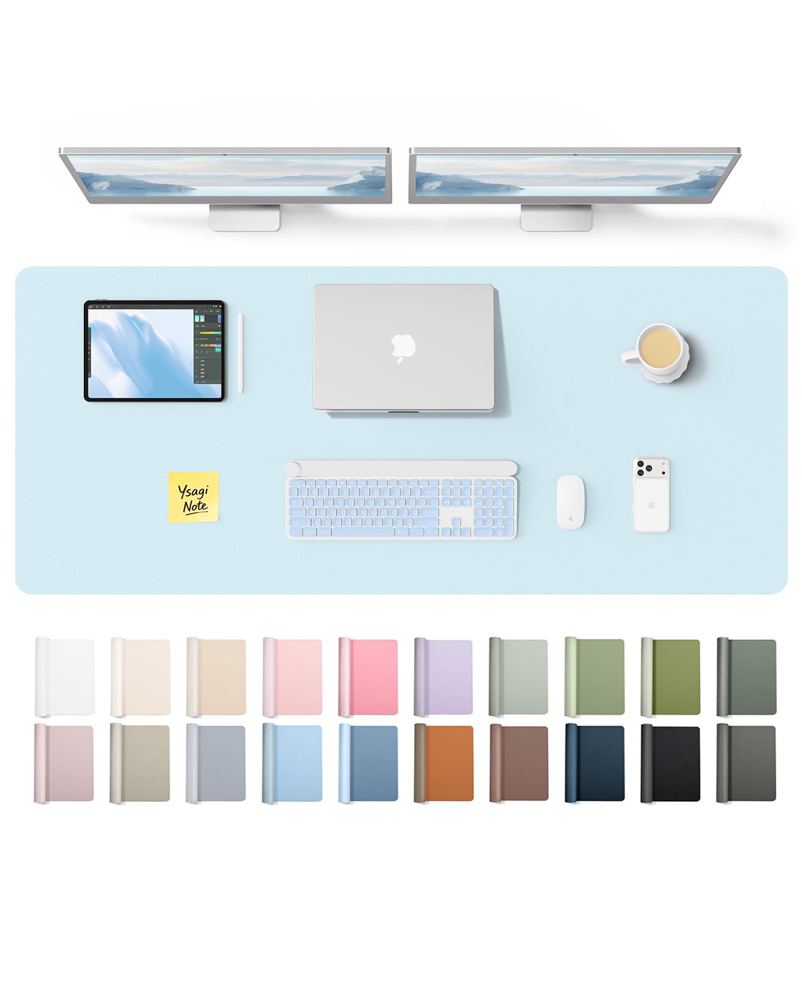 YSAGi Leather Desk Pad Protector, Office Desk Mat, Large Mouse Pad, Non-Slip PU Leather Desk Blotter, Laptop Desk Pad, Waterproof Desk Writing Pad for Office and Home (Baby Blue,55" x 17.2") Baby Blue 55" x 17.2"