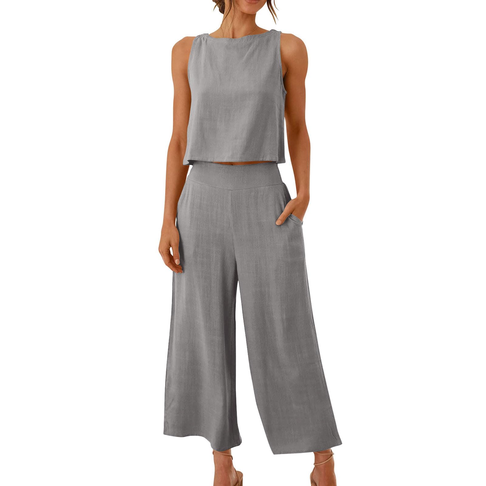 RLEHJN Zweiteiler Damen Sommer,2-teilige Musselin Hosenanzug Ärmellose Tank Tops und Weite Hose Leinenanzug Modische Einfarbig Loungewear Freizeitanzug mit Taschen Baumwolle Jogginganzug Tracksuit