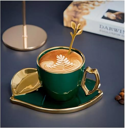 Miniatura 6 de 2 juegos de tazas de café espresso y platillo, 10.1 fl oz, tazas de té de cerámica con cucharas, verde