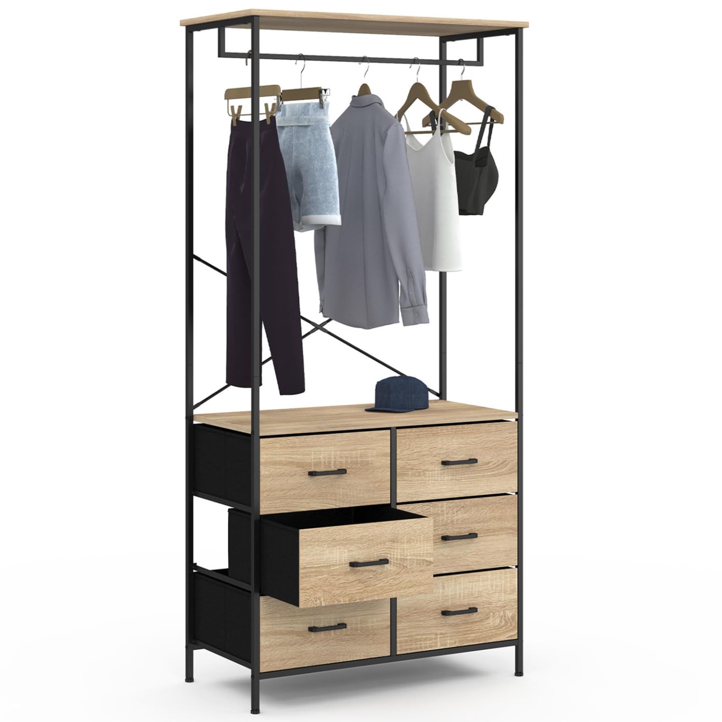 IDMarket - Dressing penderie L. 80 cm UTAH avec 6 bacs en tissu bois et noir
