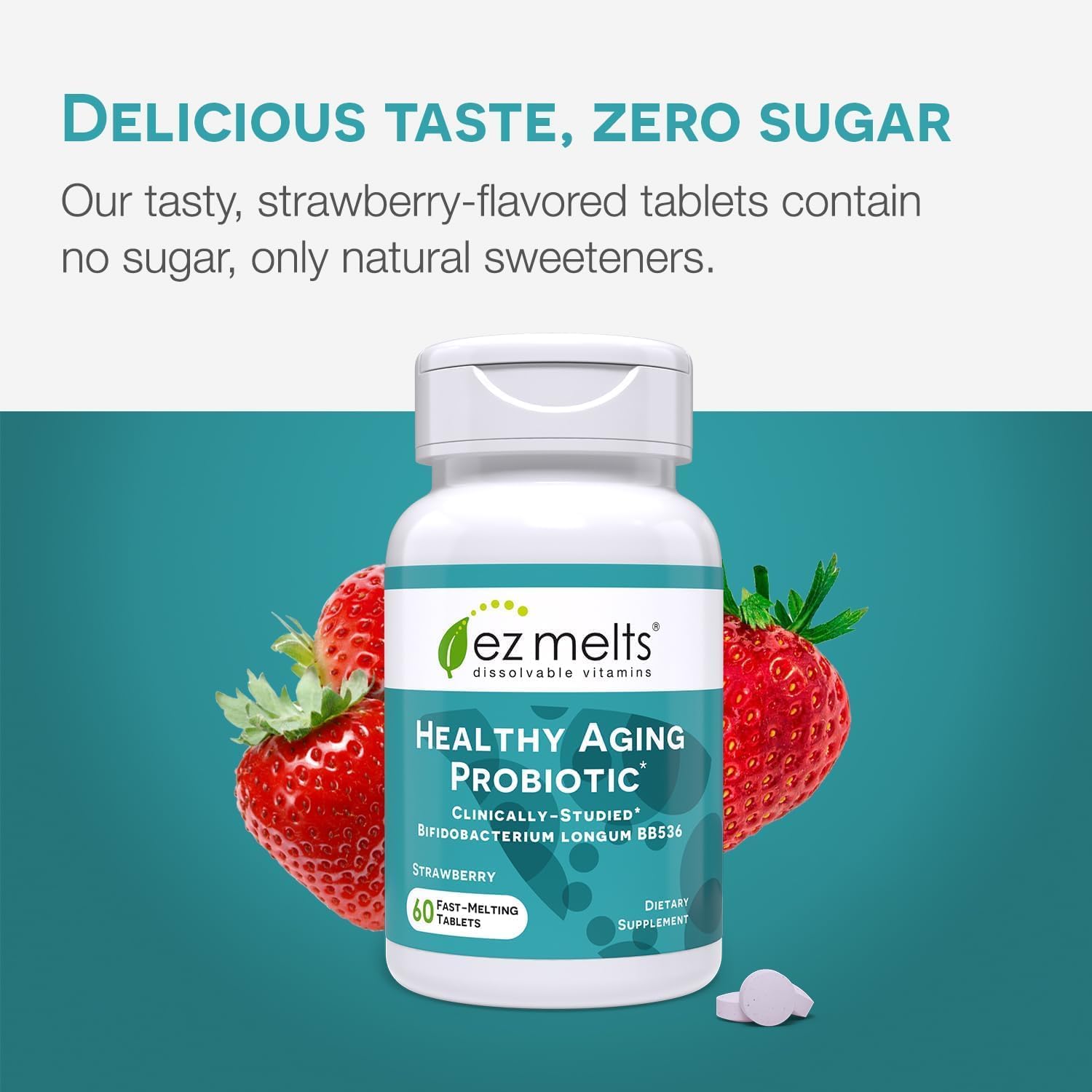EZ Melts Dissolvable Healthy Aging Probiotic, Bifidobacterium Longum BB536 (2 Billion CFU), Sugar-Free, Probiotics for Women & Men 50+, 2-Month Supply - 1 Pack