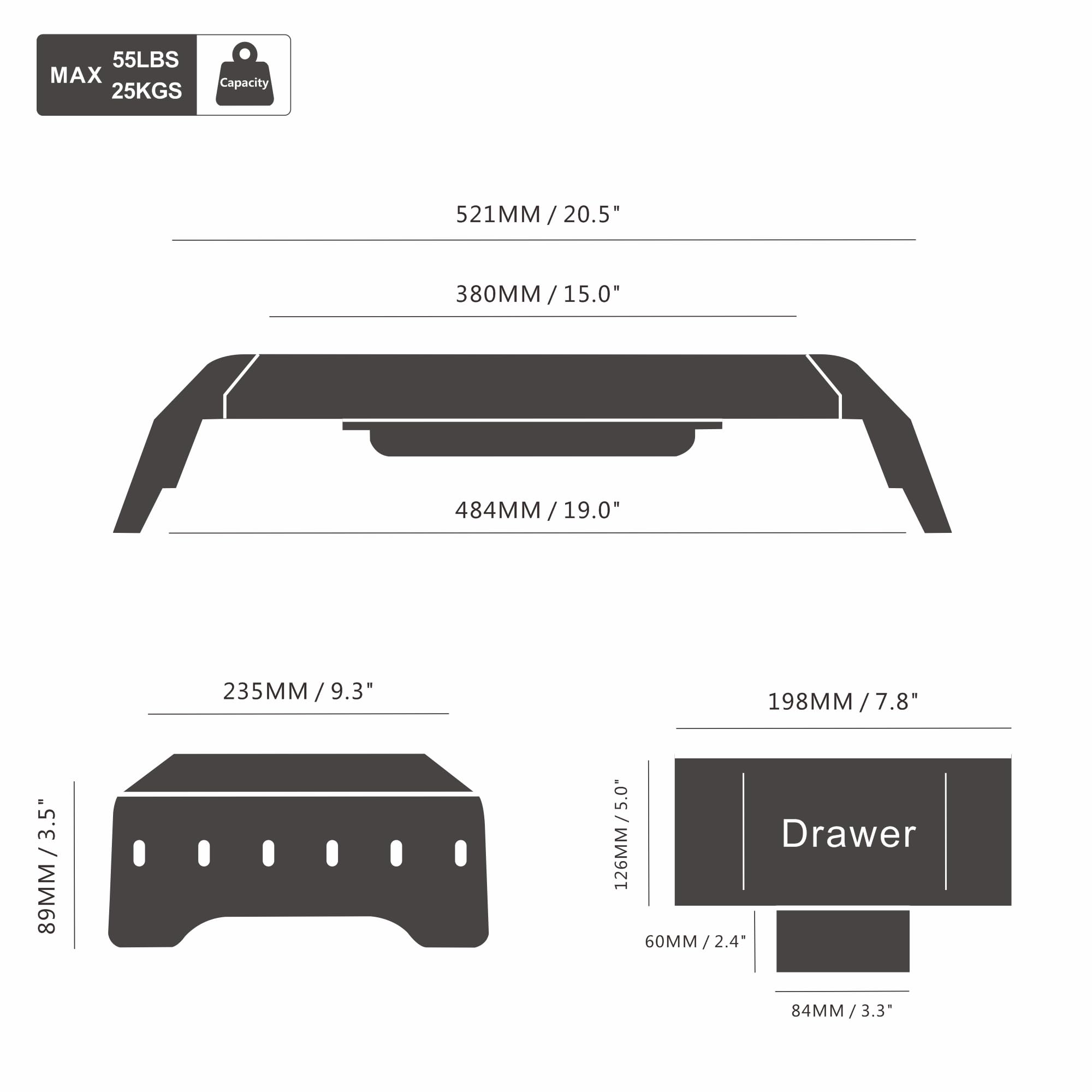 Fenge Réhausseur d'Écran,Aucune Assemblée,avec Support pour téléphone,Chêne | Suppot de Moniteur avec tiroir,support d'Ordinateur Portable,2 Fente de stockage amovible,Charge de 25kg