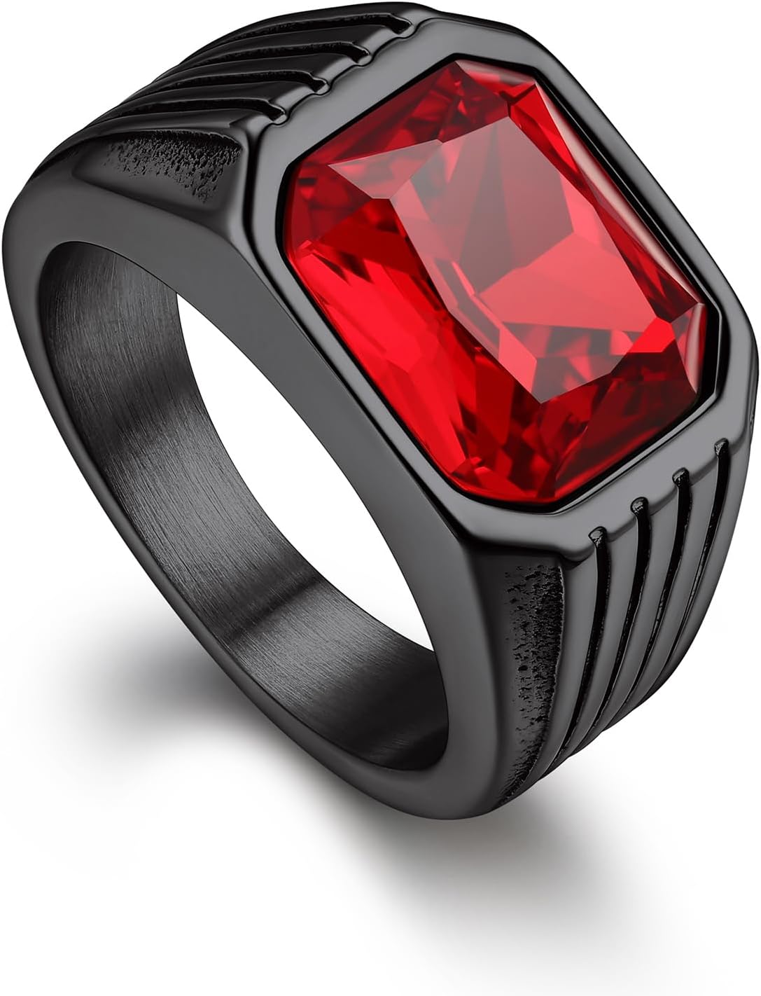 Gemstone Signet Rings for Men, Stainless Steel Fancy Cut Cubic Zirconia Rings Blue Topaz/Emerald/Black Onyx/Ruby Ring Statement Ring Wedding Ring Size 7-14