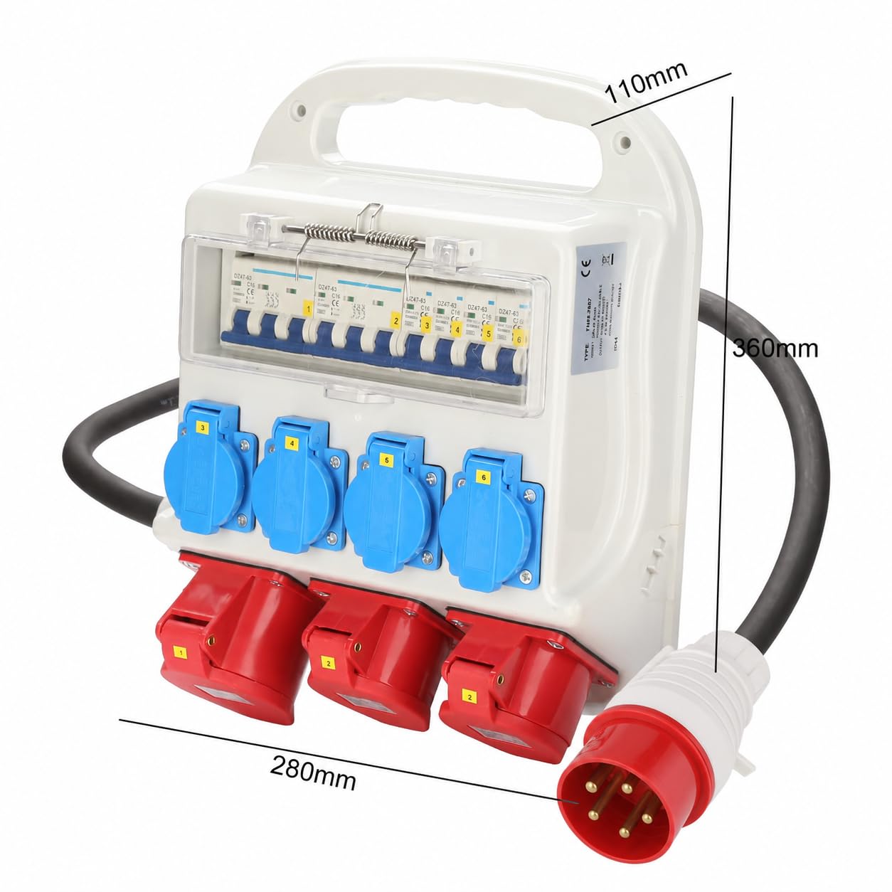 Herrselsam Distributore di corrente di costruzione, 2 x CEE 16 A 400 V + 1 x CEE 32 A 400 V + 4 x 230 V Schuko con cavo di alimentazione da 1,2 m con interruttore di protezione della linea, cantiere