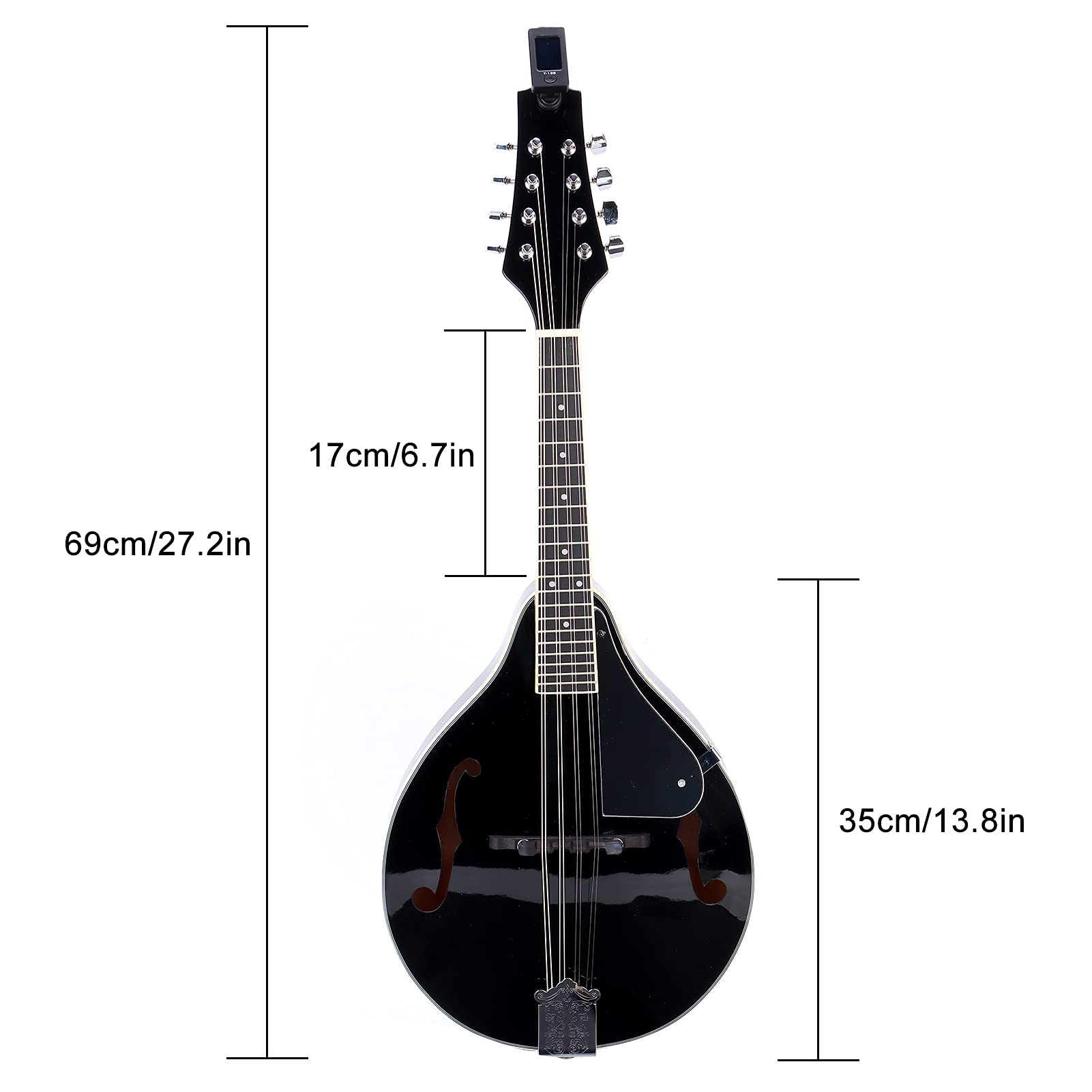 Mandoline, 8-saitiges Instrument, Schwarz, mit Tasche/Saiten/Wischtuch/Stimmgerät/Plektren/Schraube/Wischtuch (Black)