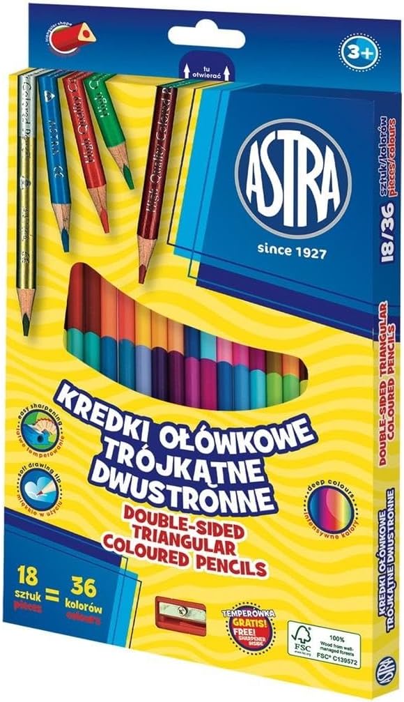 ASTRA Double Sided Triangular Pencil Pencils, 18 Pieces = 36 Colours, with Pencil Sharpener, Multicolor, for Schoolchildren