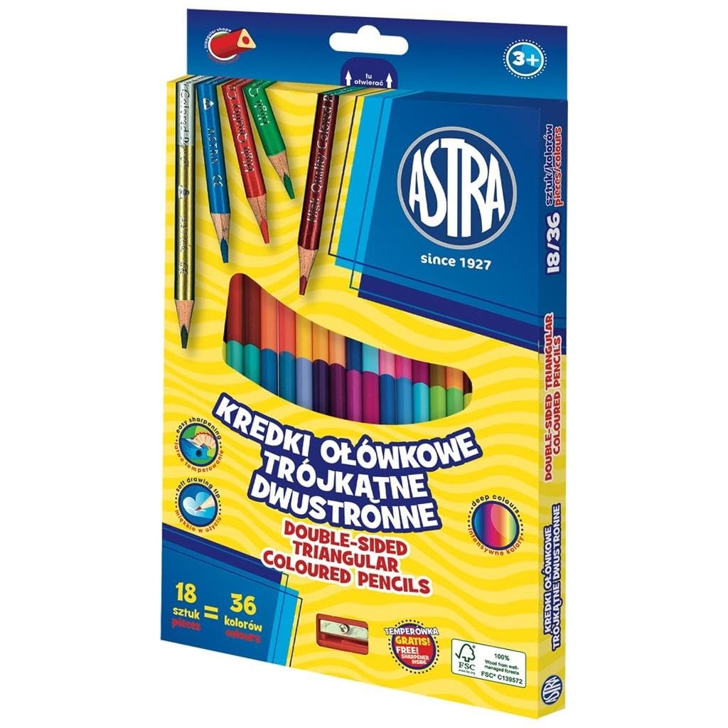 ASTRA Double Sided Triangular Pencil Pencils, 18 Pieces = 36 Colours, with Pencil Sharpener, Multicolor, for Schoolchildren