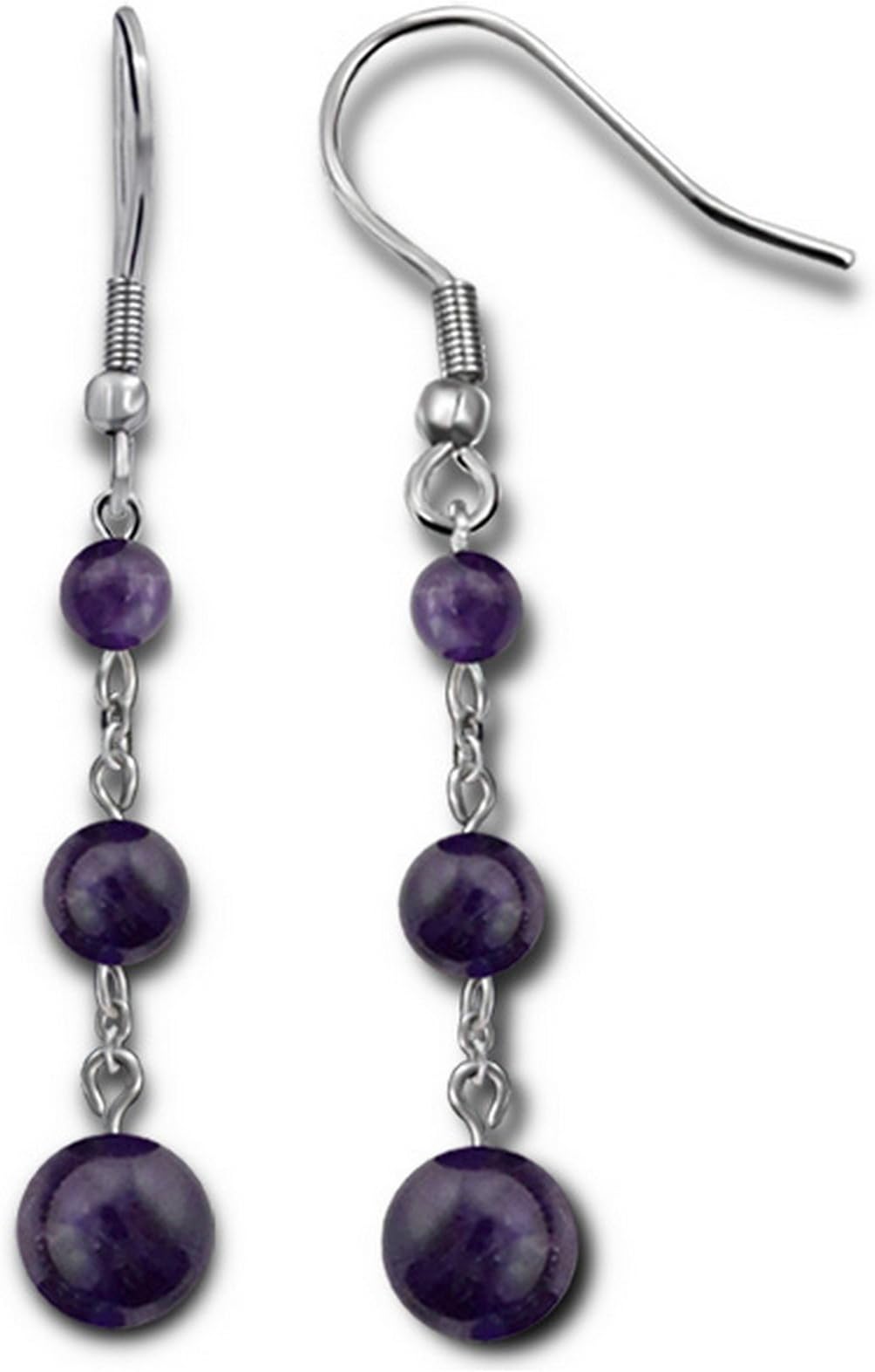Steel Earrings With Amethyst Bead. 316L Surgical Grade Stainless Jewelry