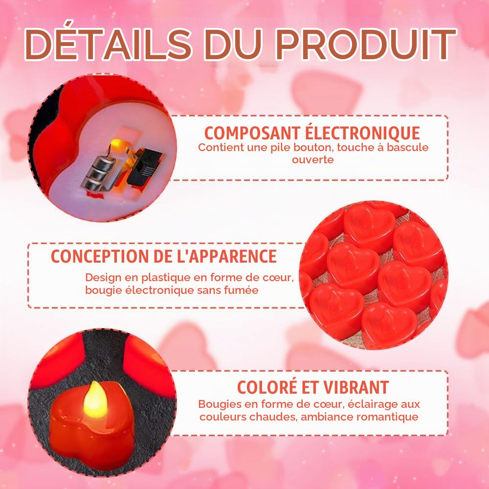 Bougie Cœur LED 24 Pièces, Bougies Romantiques LED avec 2000 Pétales de Rose Artificiels, Bougie LED Chauffe Plat pour Mariage Saint-Valentin Fiançailles Table Deco, Lumière Jaune Chaude