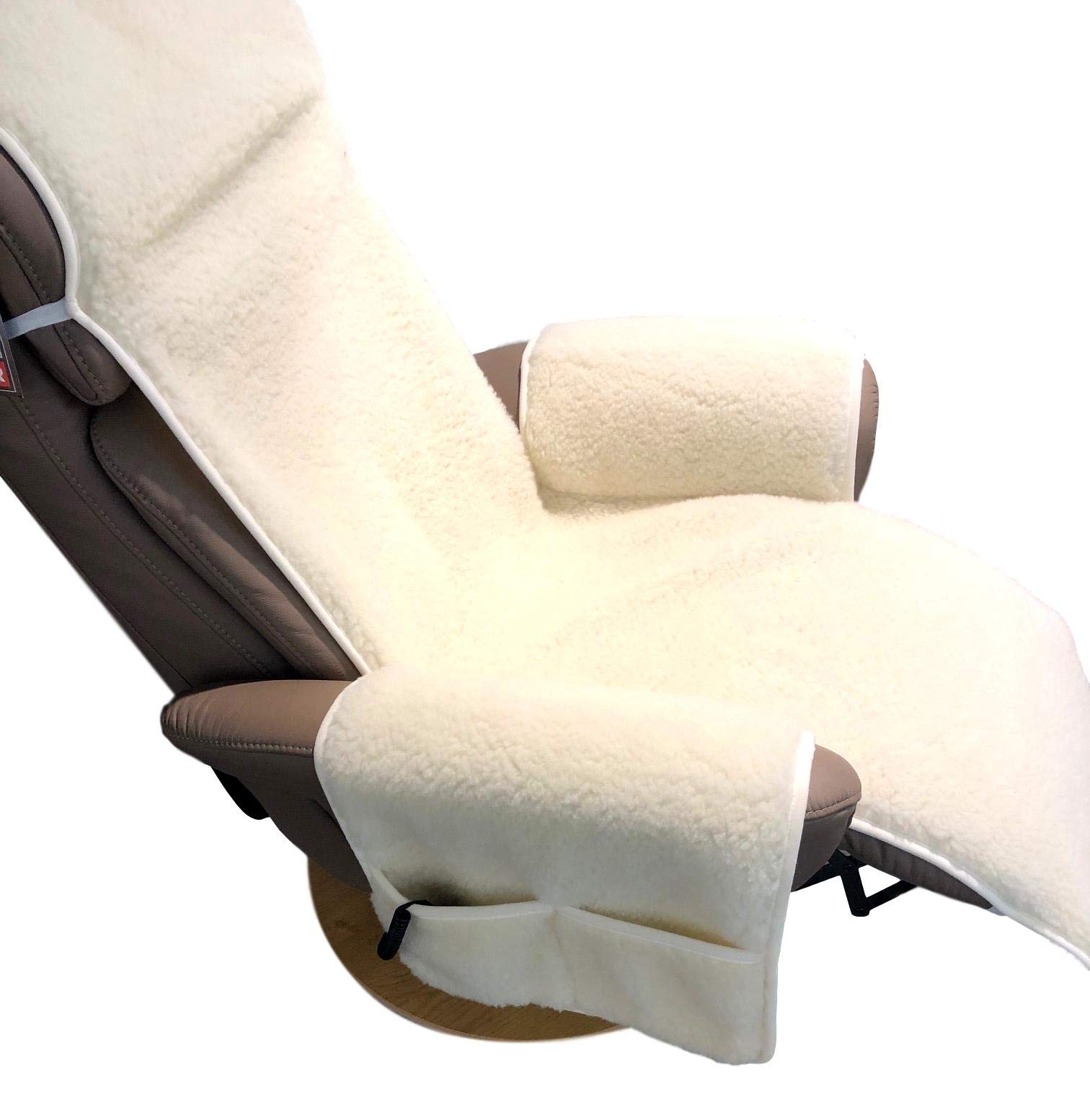 Sesselschoner Relaxsessel Merino gelockt mit Taschen 100% Wolle Naturweiß