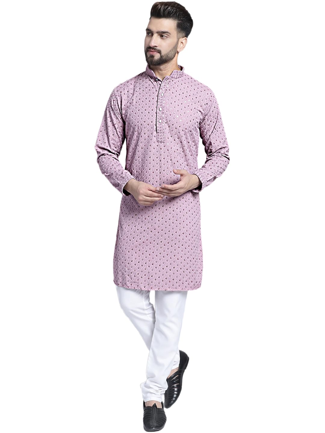 Jompers Men's Chikankari Embroidered And Sequence Kurta With Churidar (Light-Purple, S)