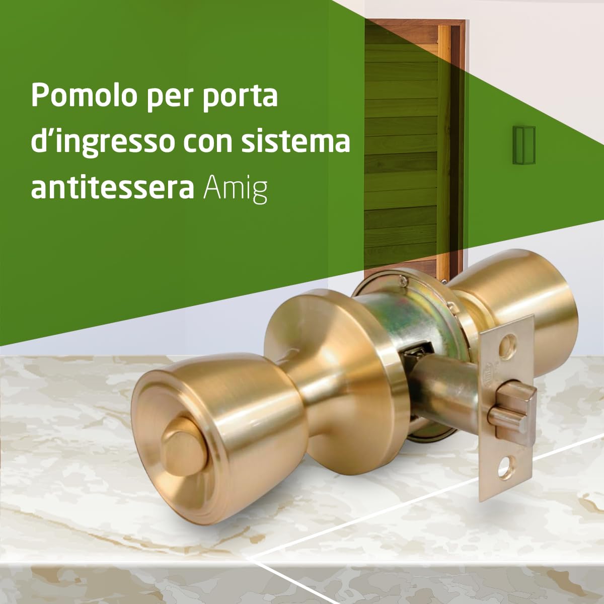 Amig - Set pomolo per porta - Chiavistello d'ingresso 60/70 mm - Con serratura interna - Per porte in legno da 35 a 45 mm di spessore - Sistema Anti-Card