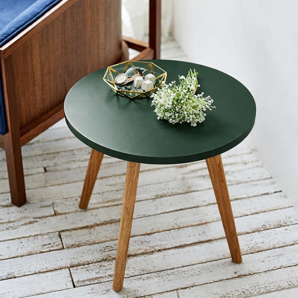 Round Side Table, Green Top with Natural Wood Legs, 40cm Diameter, Mid-Century Modern Style, Accent End Table (Dark Green)-image-14