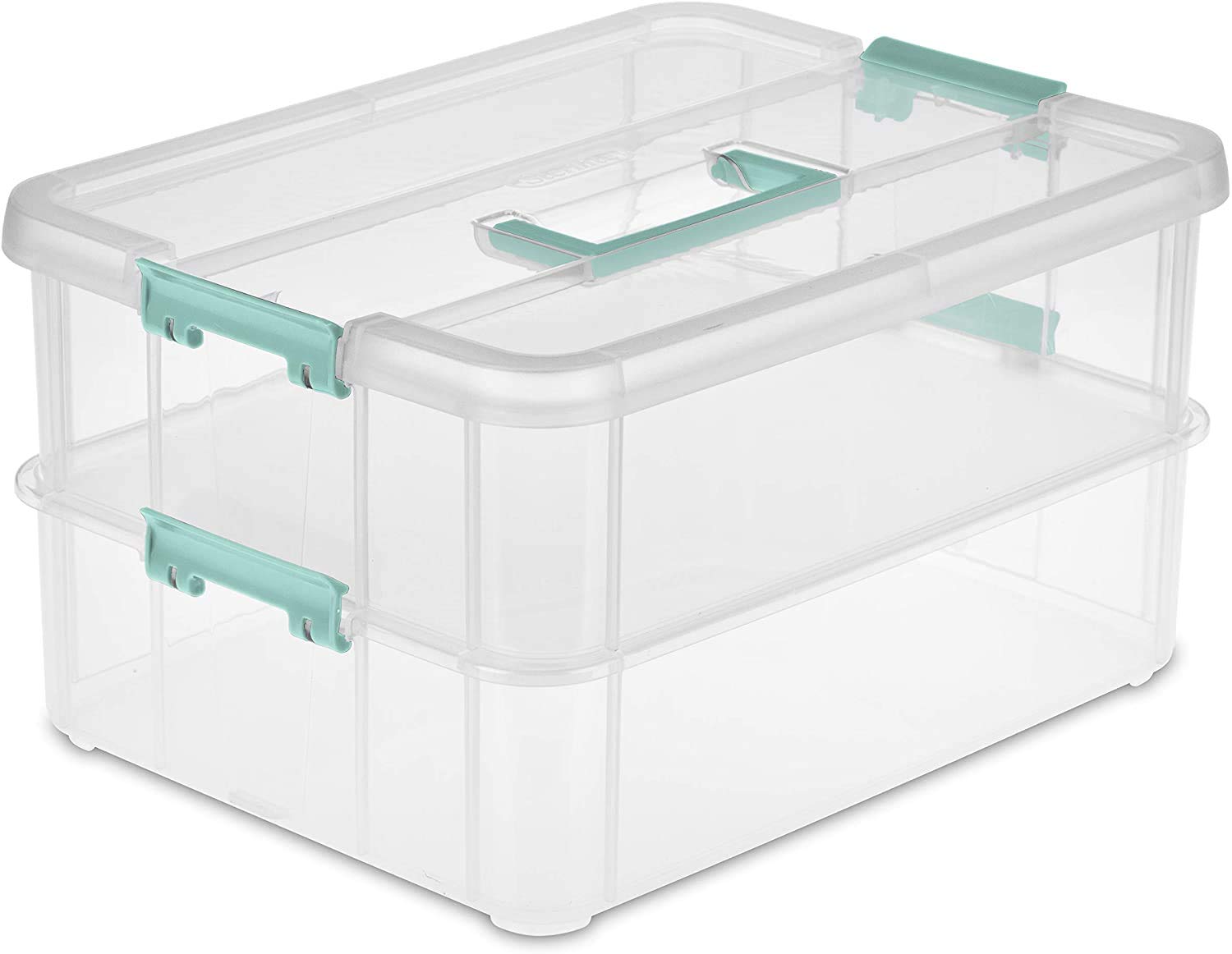 Tribello Stack & Carry 2 Layer Handle Box, Clear Plastic Stackable Case with Lid and Blue Handle - for Organization, Size 14 x 10 x 7- Made in USA