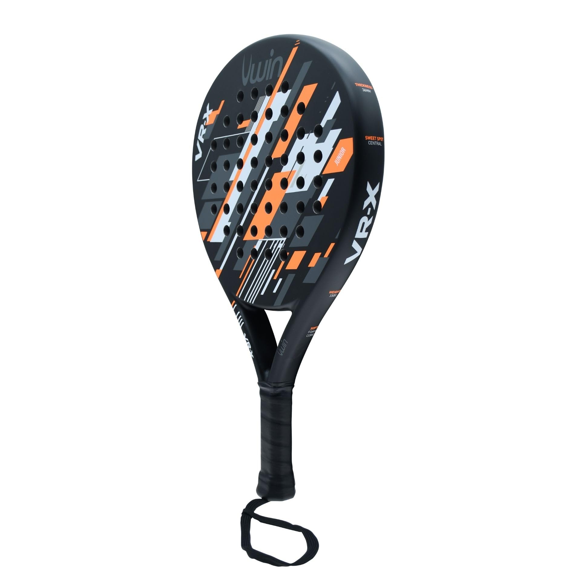 Uwin VR-X Junior - Racchetta da padel per bambini, telaio in fibra di vetro leggera, anima morbida EVA 13, forma rotonda con punto dolce centrale, finitura opaca, arancione, bianco, grigio