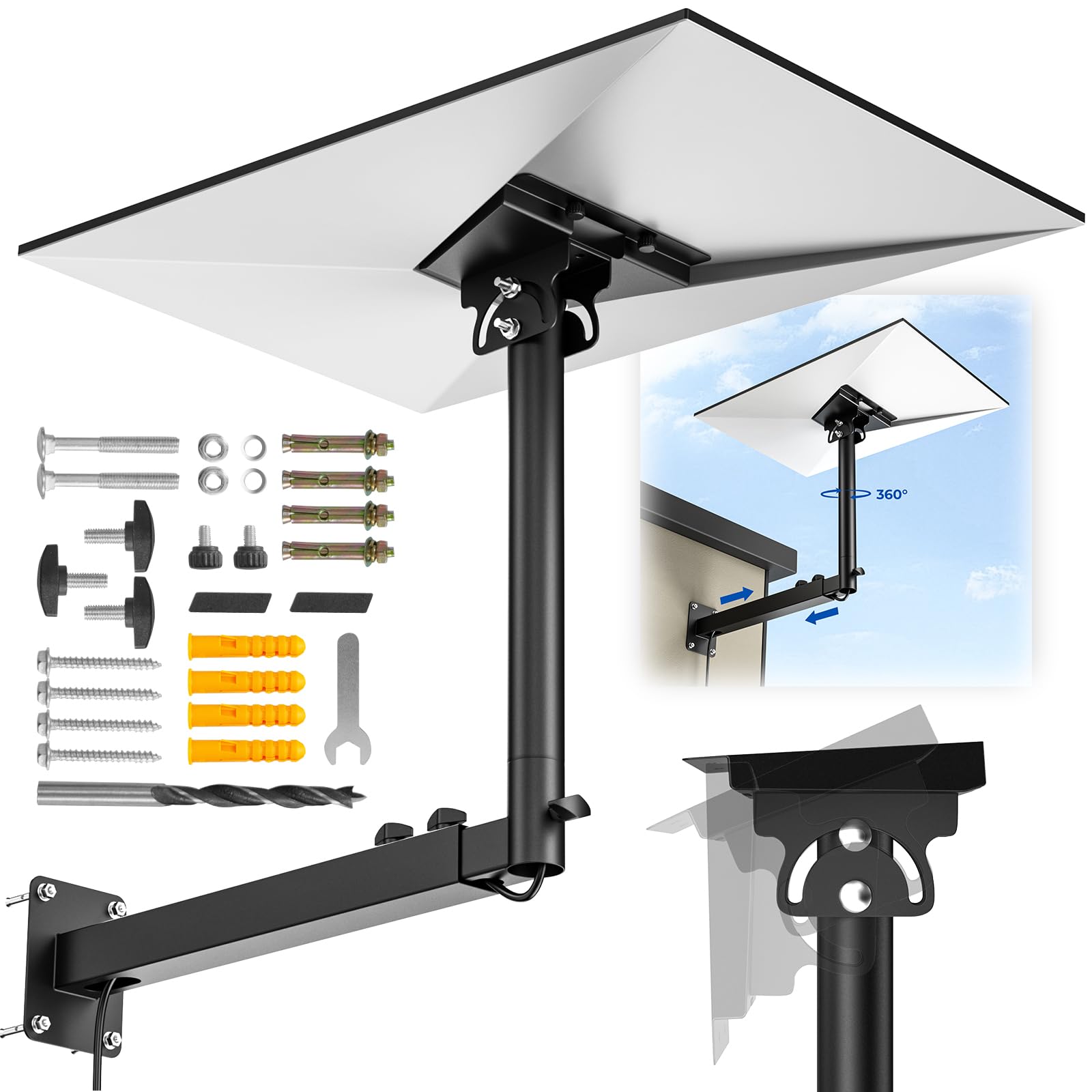 Starlink Mount, 360°Adjustable Starlink Gen 3 Mount Telescoping Support Arm with Pipe Adapter, Rustproof, Weatherproof for Concrete Walls and Wood Walls, Easy Installation Black - 1