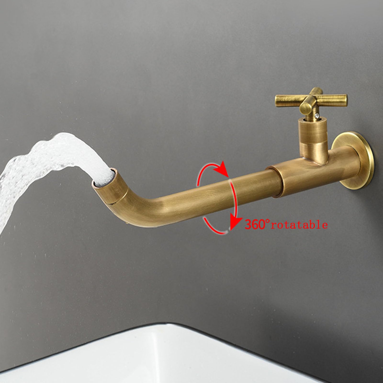 Grifos para Lavabos de Baño Antiguo Grifo de Fregadero de Latón Grifo de Lavabo Agua Fria de Pared Grifo Cocina Fregadero Caño Largo Grifo Giratorio,Color Antiguo,23Cm