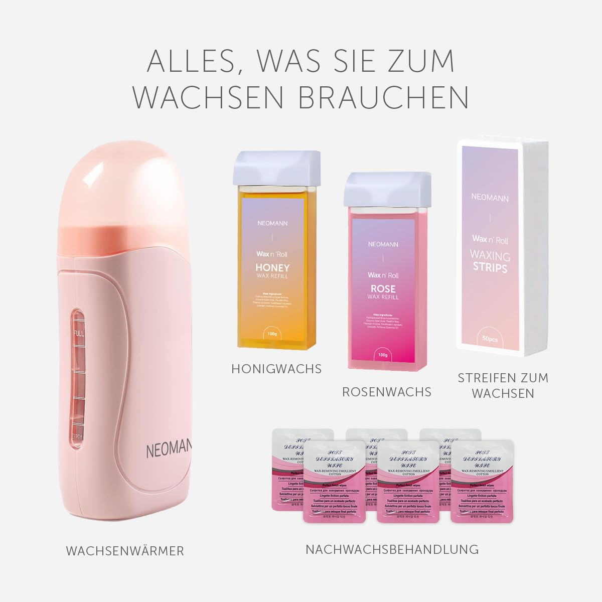 Roll on Wachs Roller Kit für Haarentfernung mit 2 Patronen | 50 Stück Wachsstreifen für Haarentfernung-Pink mit 6 Nachwachsbehandlungen