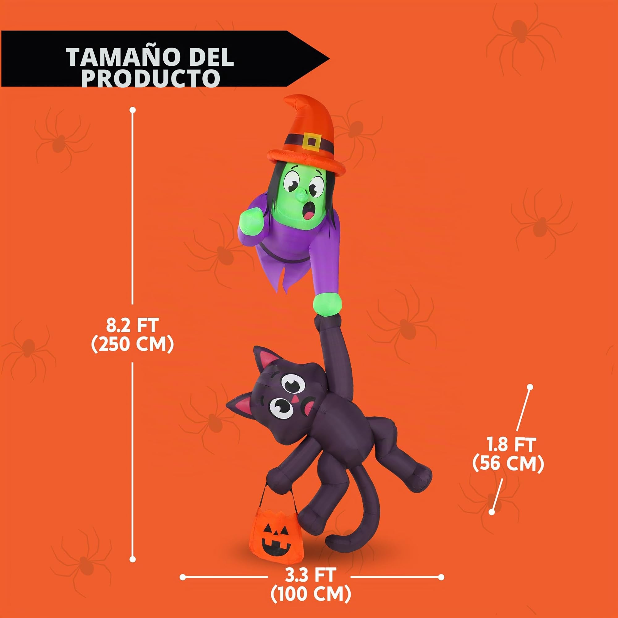 JOYIN Decoración inflable de techo de Halloween de 2,44 m de altura, bruja y gato negro, decoración inflable con luces LED, artículos gigantes inflables de Halloween para exteriores, patio