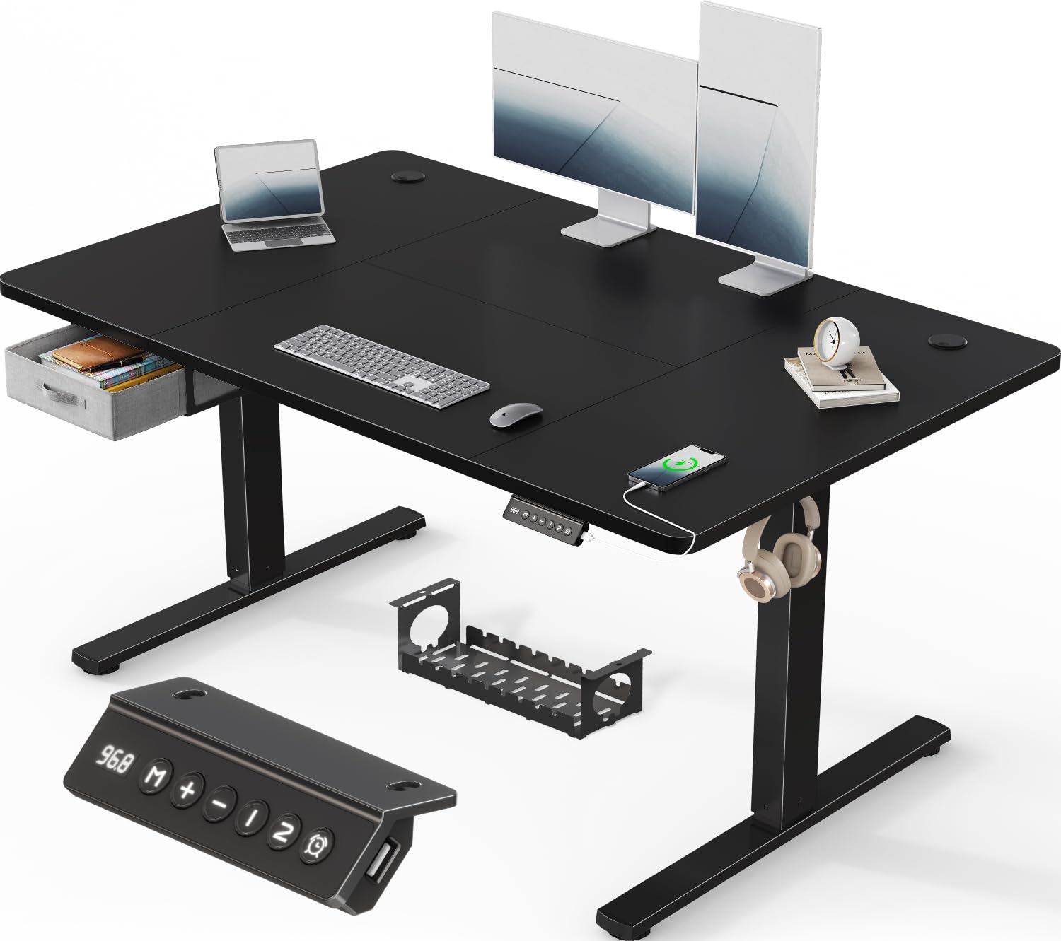 Devoko 140x80cm Electric Standing Desk with Drawer&Hooks Height Adjustable Standing Desk with Memory Smart Panel Upgraded Stable Steel Frame with Wider Desktop for Home Office,Black