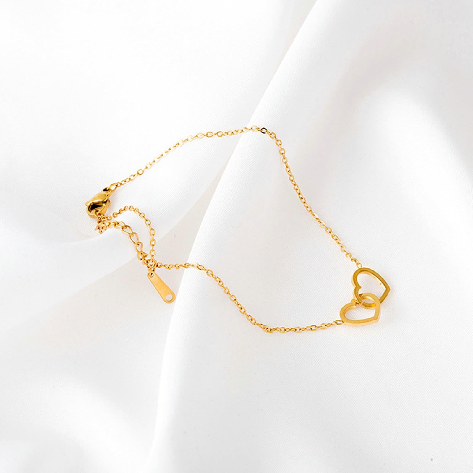 Cavigliera in oro giallo 18 carati Au750, 750, con doppio cuore, da donna, estiva, a piedi nudi, lunghezza 27 cm