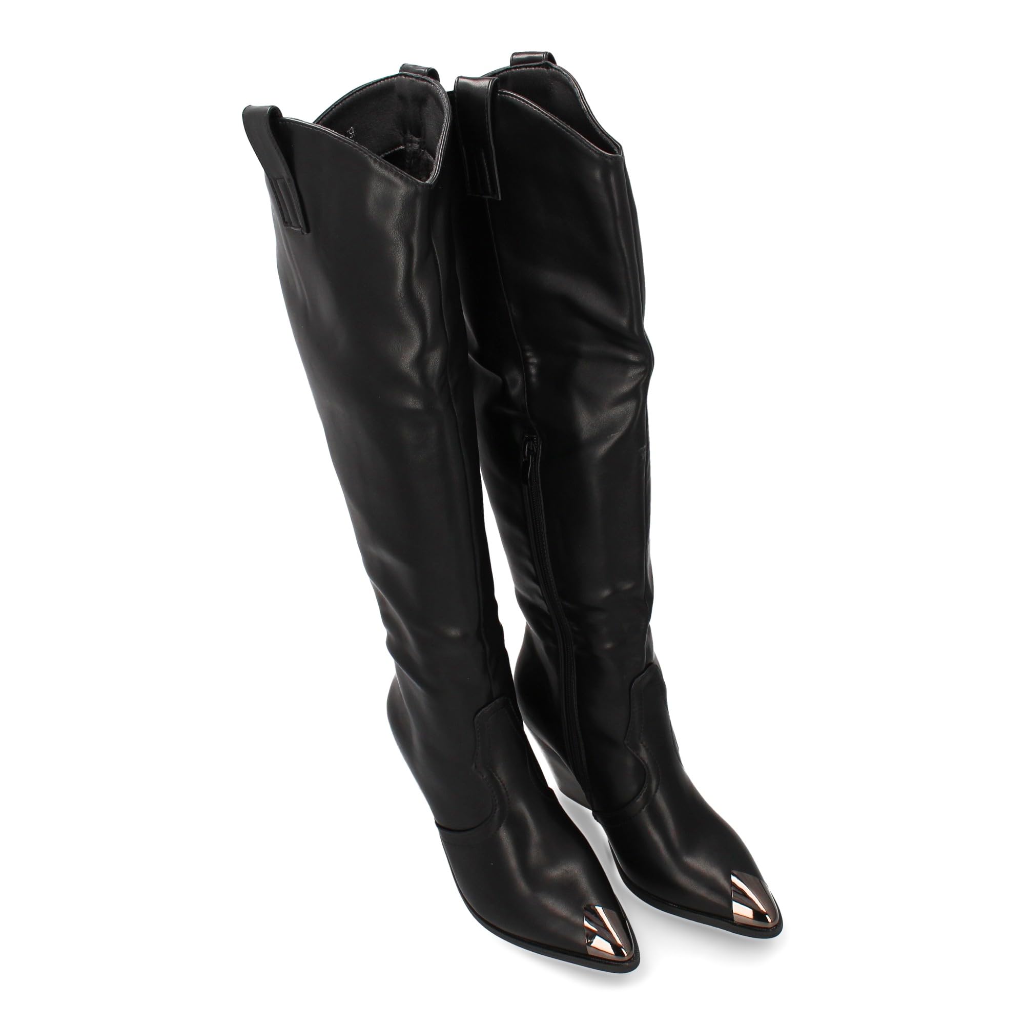 Botas Altas con Tacon para Mujer. Diseno Elegante, Estampado Liso, Punta Metalica, Tacon Comodo y Cierre de Cremallera. Ideal para la Temporada Otono Invierno.