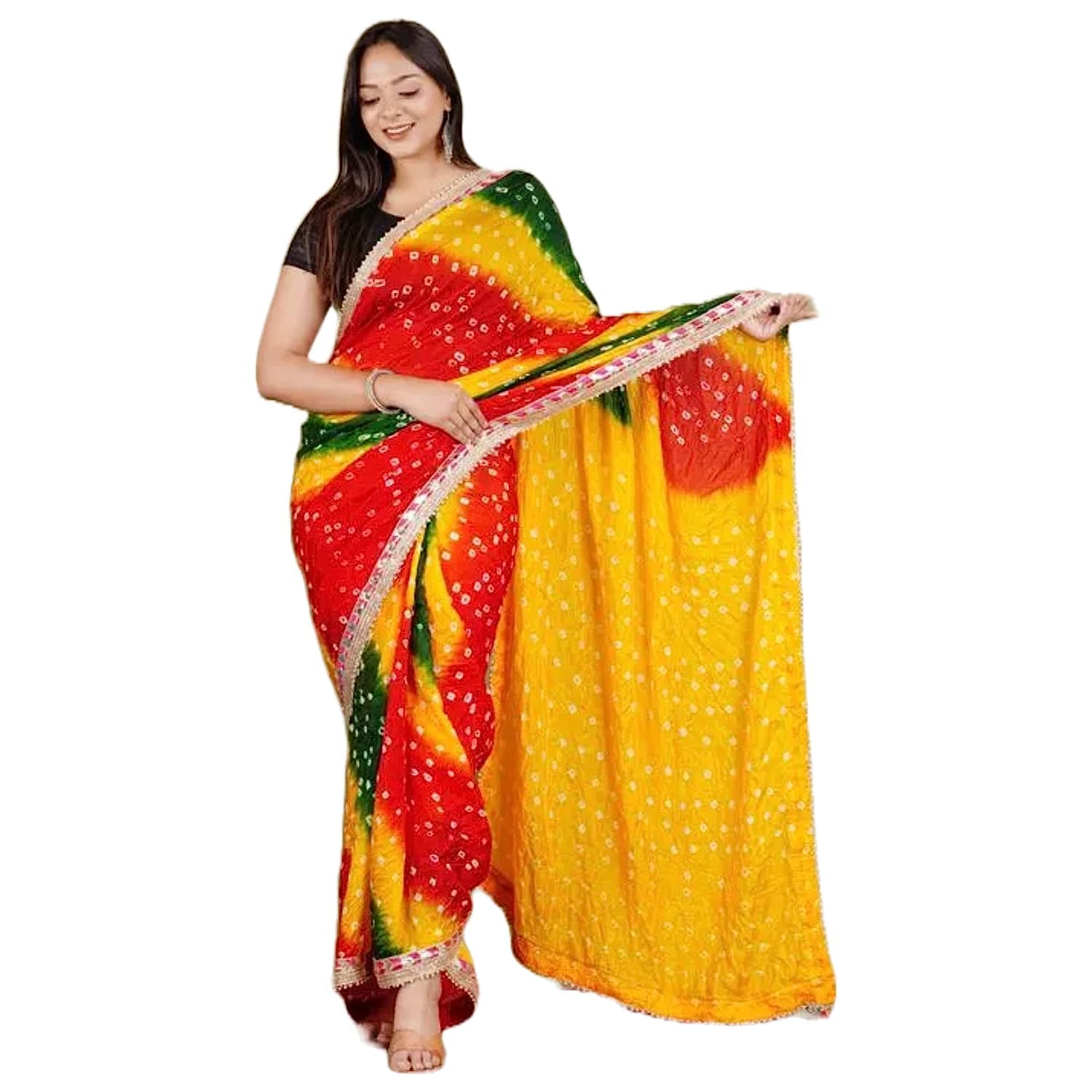 Rajasthani Women Silk Bandhani Bandhej Multi-Colored Saree Gota Work & Latkan-image-43