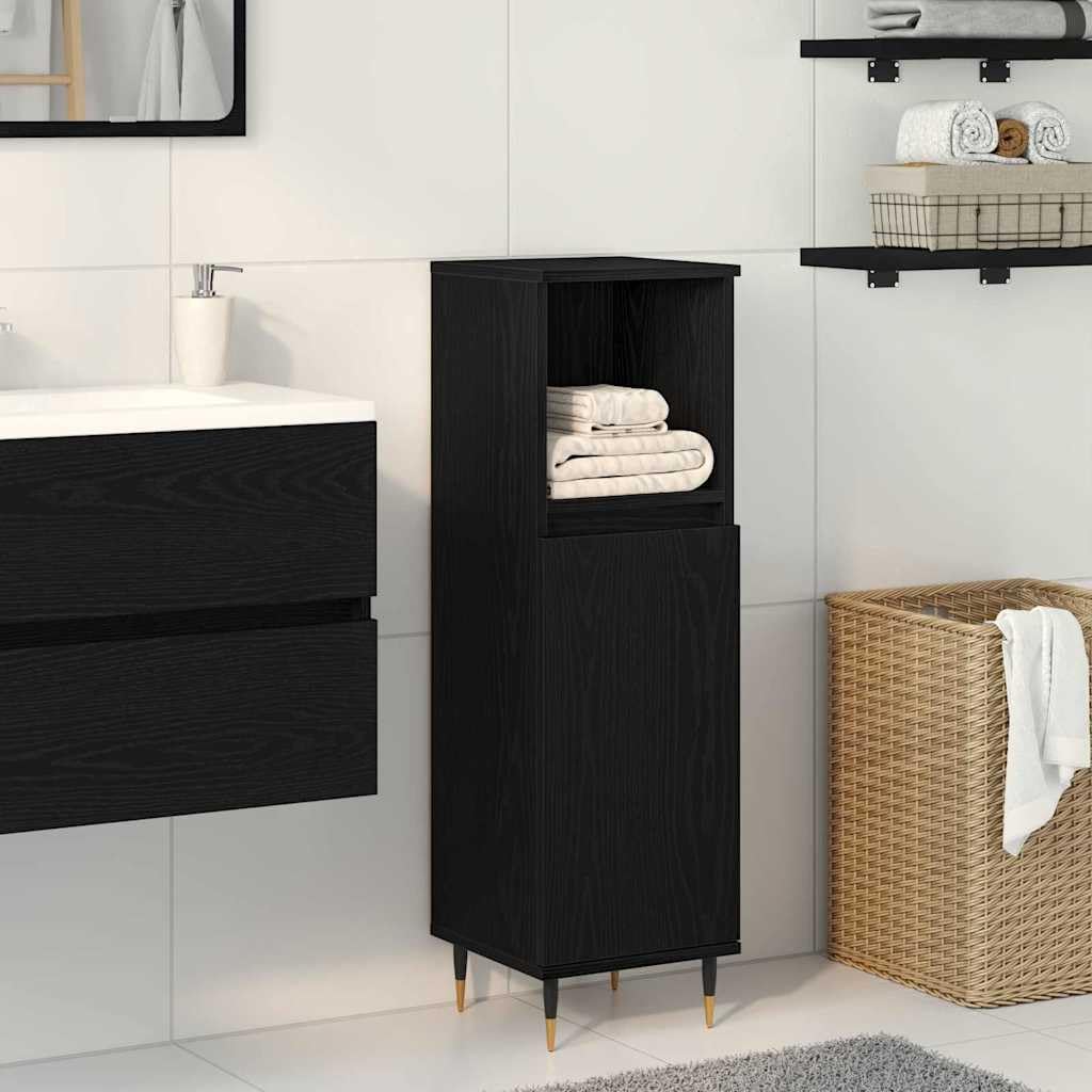 Badezimmerschrank mit Tür Schwarz Eichen-Optik, Badschrank 30 x 30 x 100 cm, schmaler Badunterschrank aus Holzwerkstoff, platzsparende Badkommode mit 3 Ablagen für Badzubehör