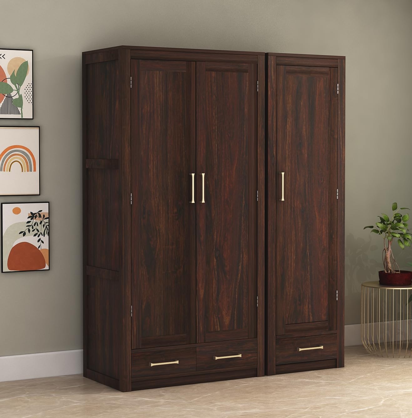 SONA ART & CRAFTS Solid Sheesham Wood Wardrobe for Bedroom Modular Wooden Wardrobe Space Saving with 3 Door & 3 Drawer/Storage Rack Clothes Almirah Cupboard for Bedroom (Walnut Finish)