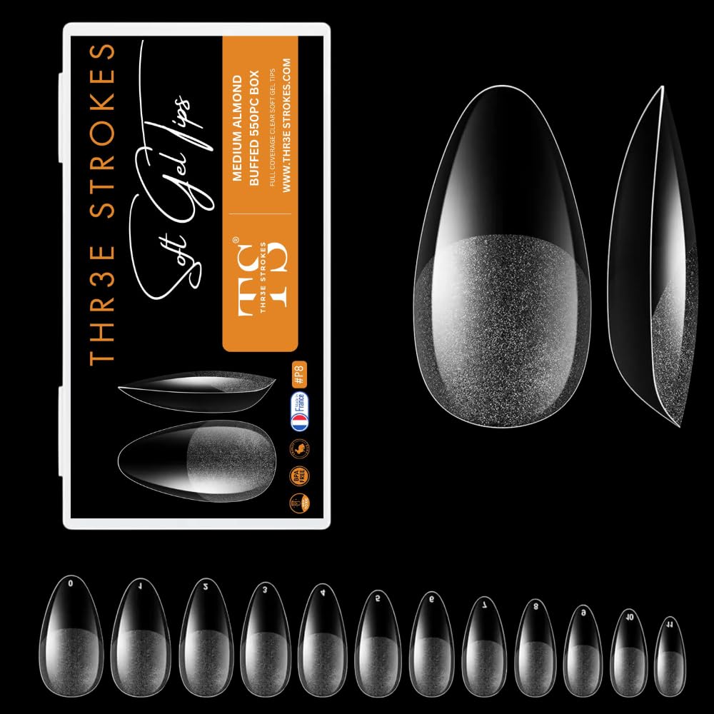 THR3E STROKES Soft Gel NailTips, Full Cover Clear Soft Nail Tips for Artificial False Nails Extension Nail Salons DIY NailArt with Box, 550PCS (MEDIUM ALMOND P8)