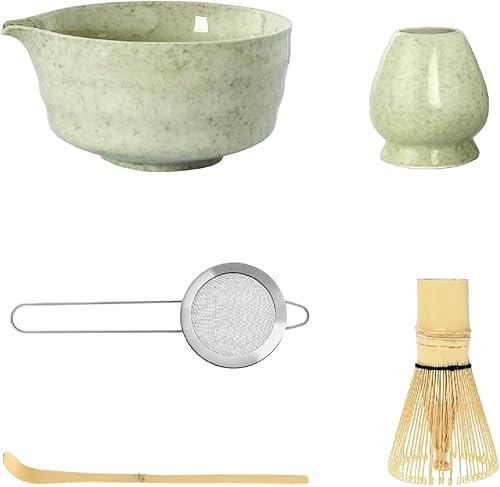 Juego de té matcha, kit ceremonial de 5 piezas con cuenco de cerámica para matcha (chawan), batidor de bambú (Chasen) y soporte, tamiz de acero