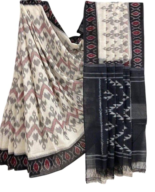 Handicrafts Women's Ikat Hand Block Print Pure Soft mul Cotton Saree with Blouse Piece grey white black-image-12