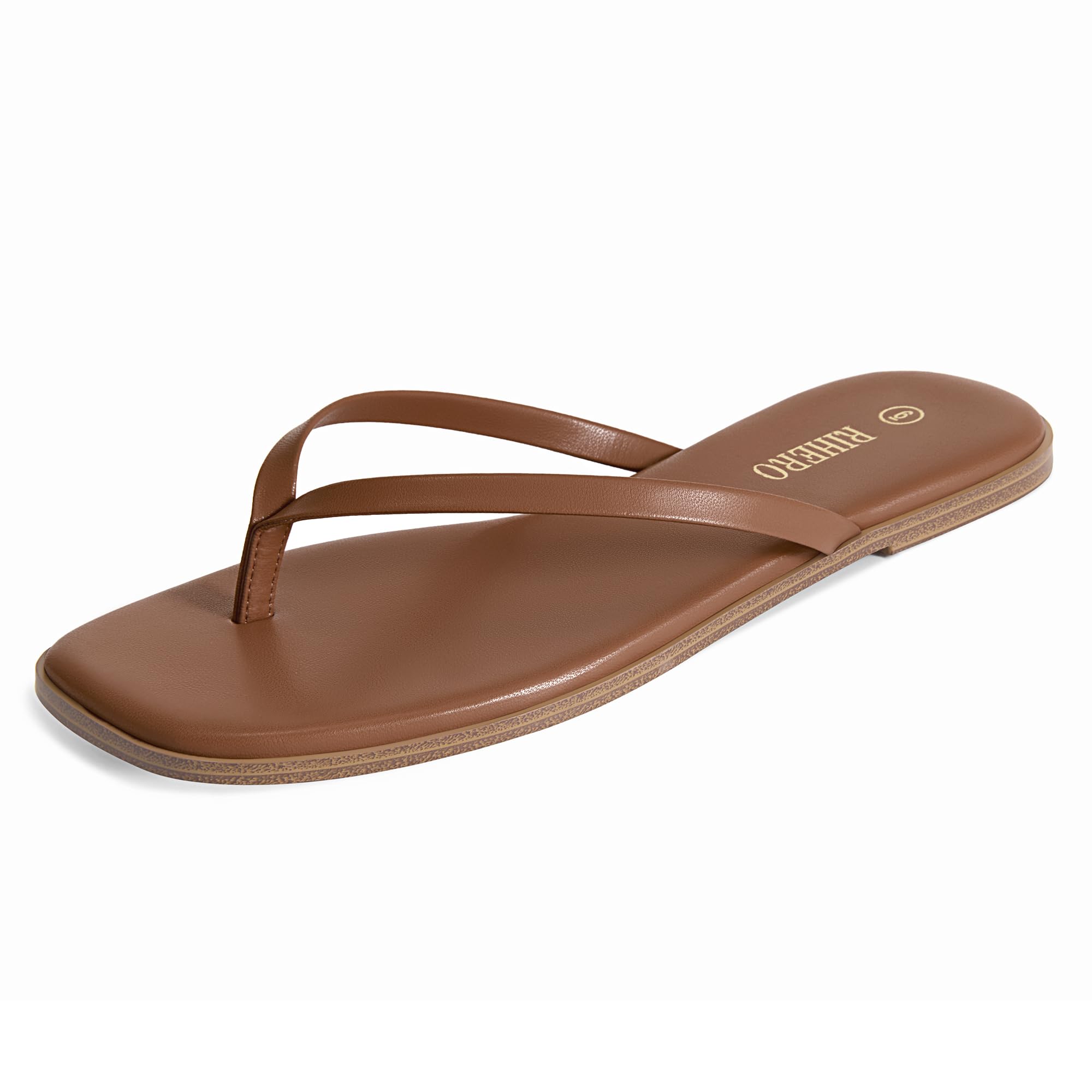 Rihero Flip Flops for Women Comfortable Square Toe Beach Sandals Slip On Leather Thong Flat Sandals Dressy