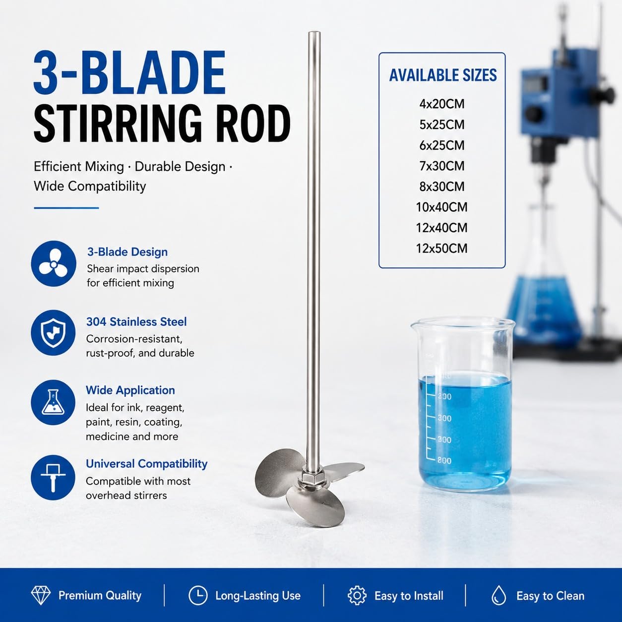 Varilla agitadora de acero inoxidable de 3 cuchillas para mezclador superior, eje de paleta de mezcla industrial para líquidos, lechadas y soluciones, calidad de laboratorio, diseño duradero