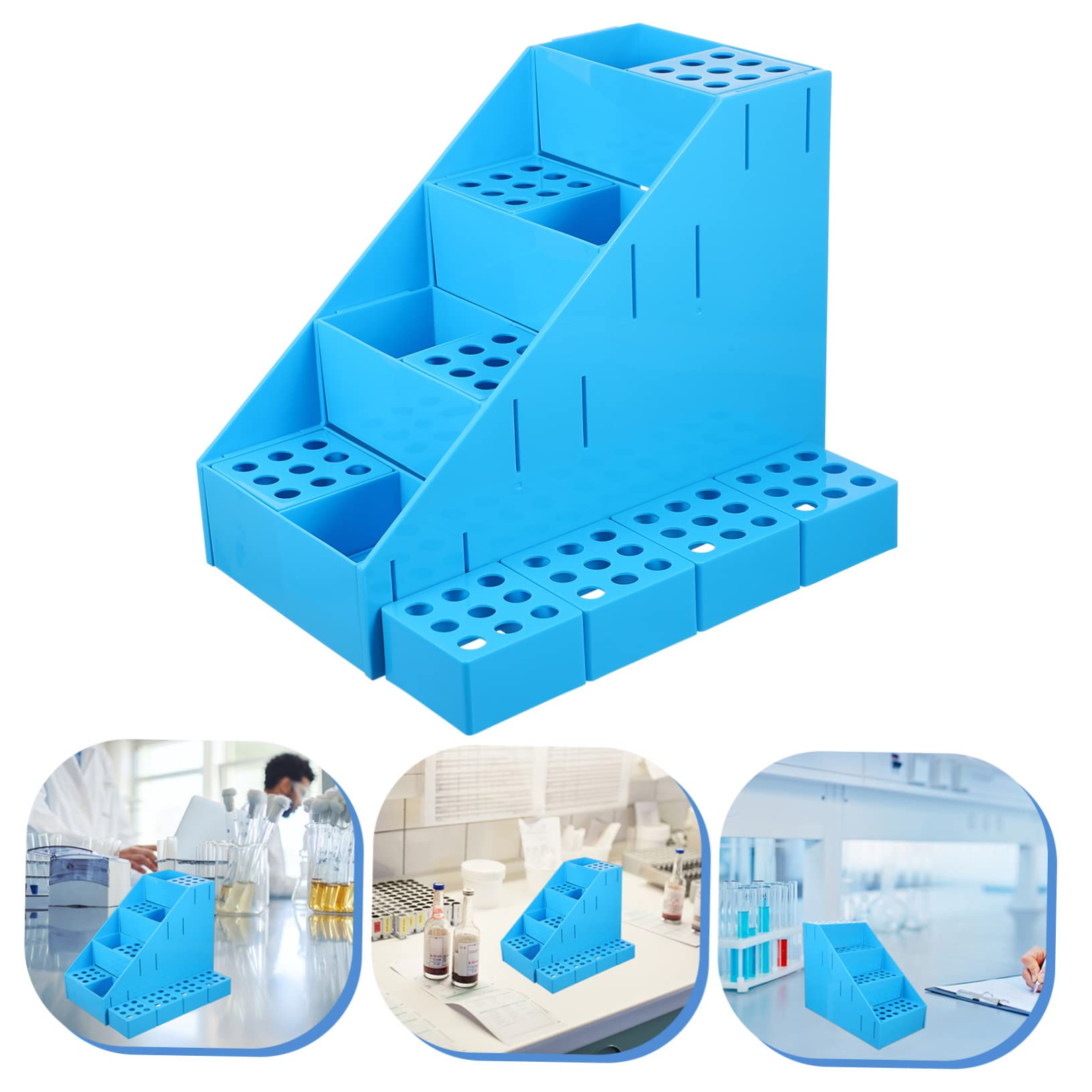 Gradilla para Tubos de Ensayo de Plástico Azul, 72 Orificios, Trapezoidal | Desmontable, para 5ml y 10ml, Uso en Hogar y Laboratorios, Diseño de Soporte Escalonado