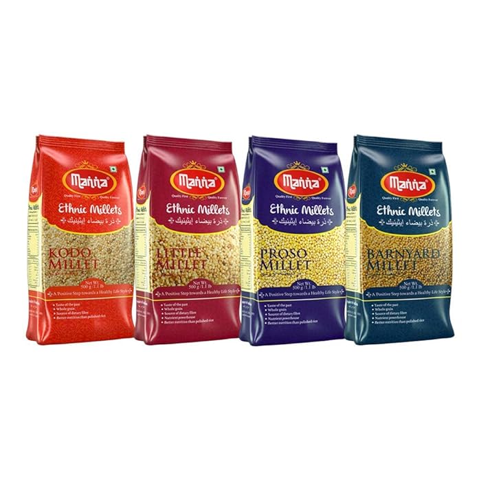 Buy Manna Millets Natural Grains Hulled Millet Combo Pack of 4 Kodo 500g, Little 500g