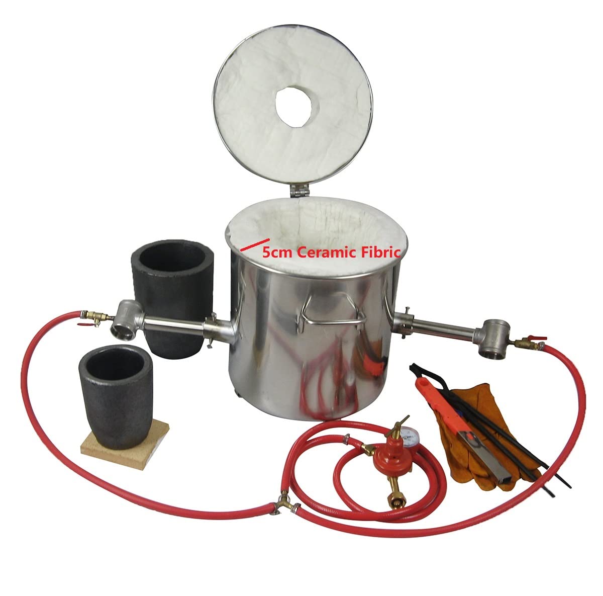 Set di forno a fusione a gas propano con doppi bruciatori 16 kg, fino a 1425 °C, 2 crogioli in grafite (16 kg e 6 kg), per fusione di metallo, rame, ottone, alluminio, con forma a lingotto, pinze e