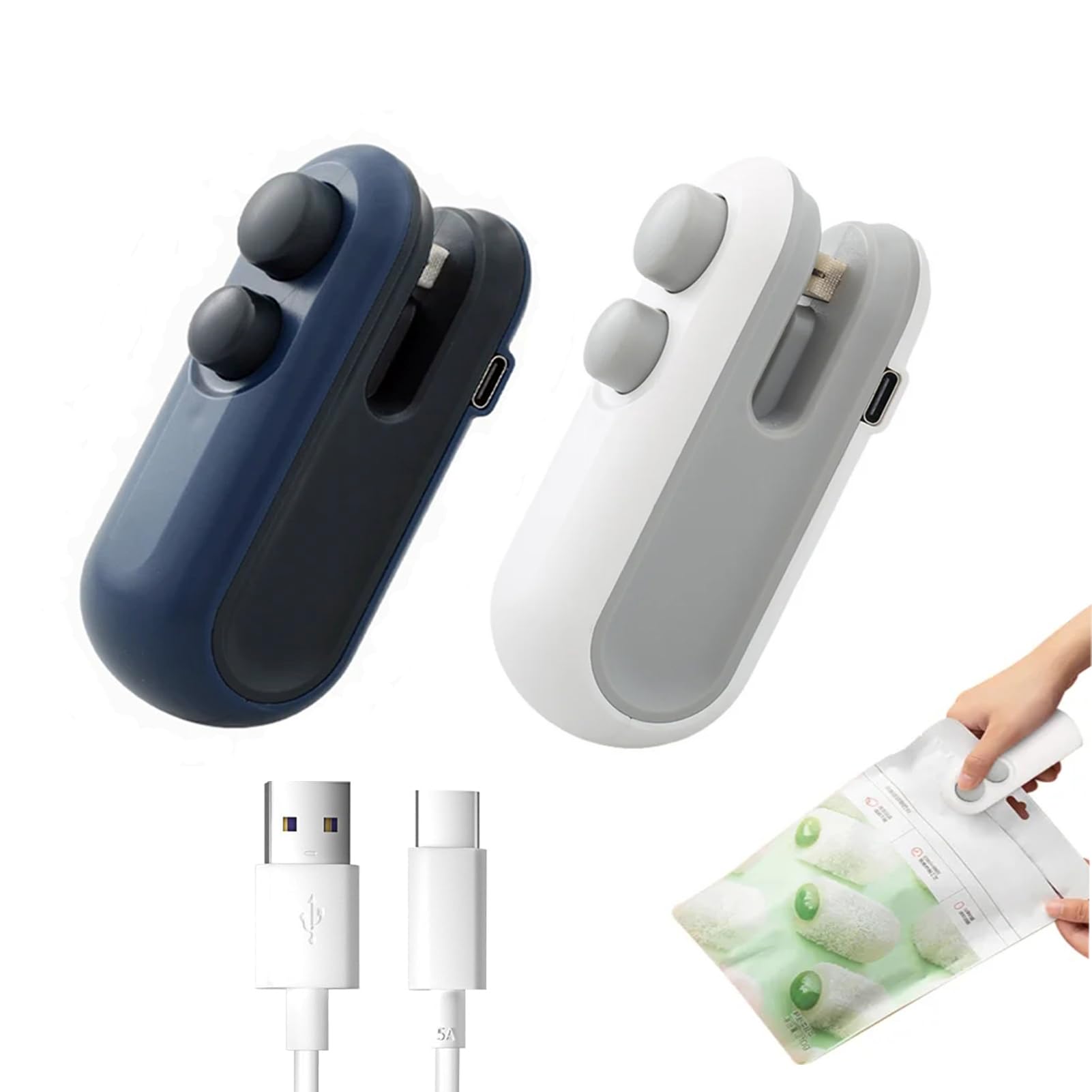 Mini Scellant De Sac 2 En 1 Rechargeable USB - Scellant à Chaud Avec Cutter Aimanté, Bleu