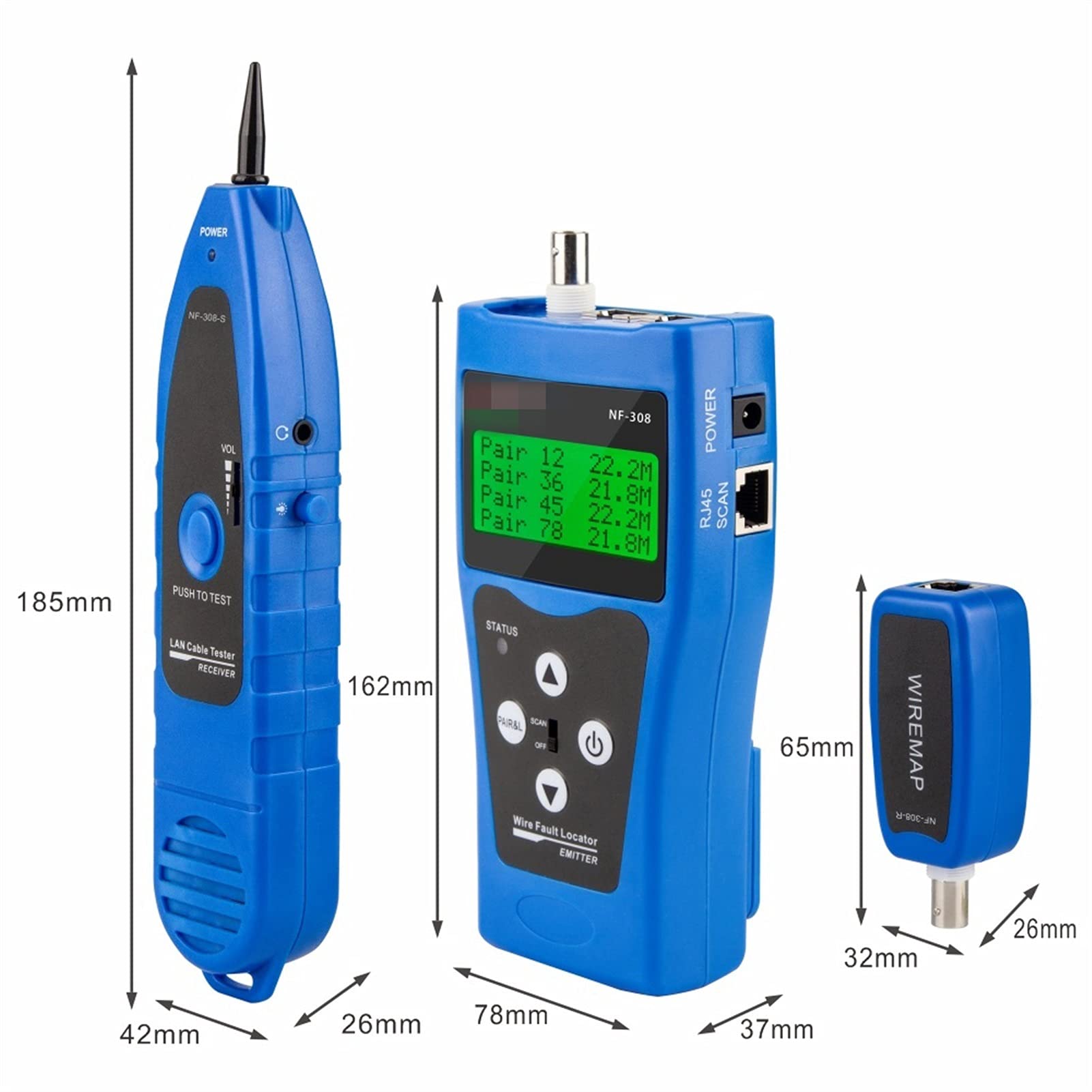 Detector de pared, Localizador de fallas de alambre LAN Tester Tester Check Capering RJ45 RJ11 BNC Prueba de rastreador de cable(F-308-Blue)