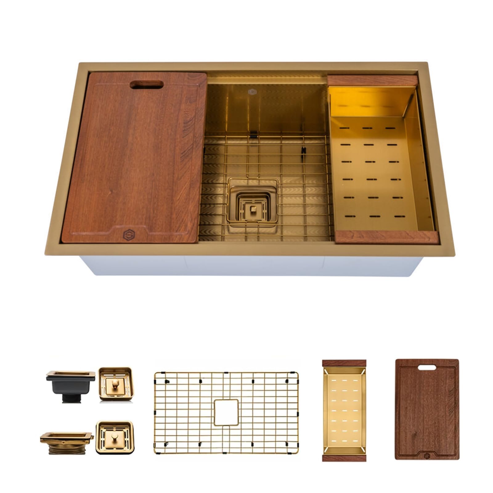 Strictly Sinks Undermount Workstation Kitchen Sink – 32 Inch 16 Gauge Embossed Wave Texture Gold Kitchen Sink with Grid, Wooden Cutting Board, Colander, 1 Strainer Drain &amp; 1 Garbage Disposal Adapter