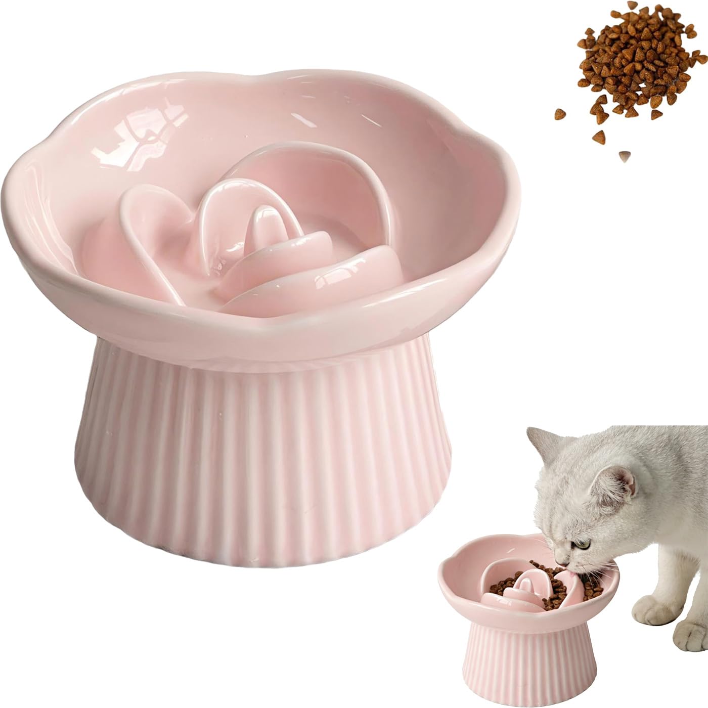 Slow Feeder Cat Bowl, Ceramic Puzzle Feeder, Anti Vomiting Raised Cat Bowls For Wet/Dry Food, Outdoor, Home Pet, Microwave, Dishwasher (Pink)