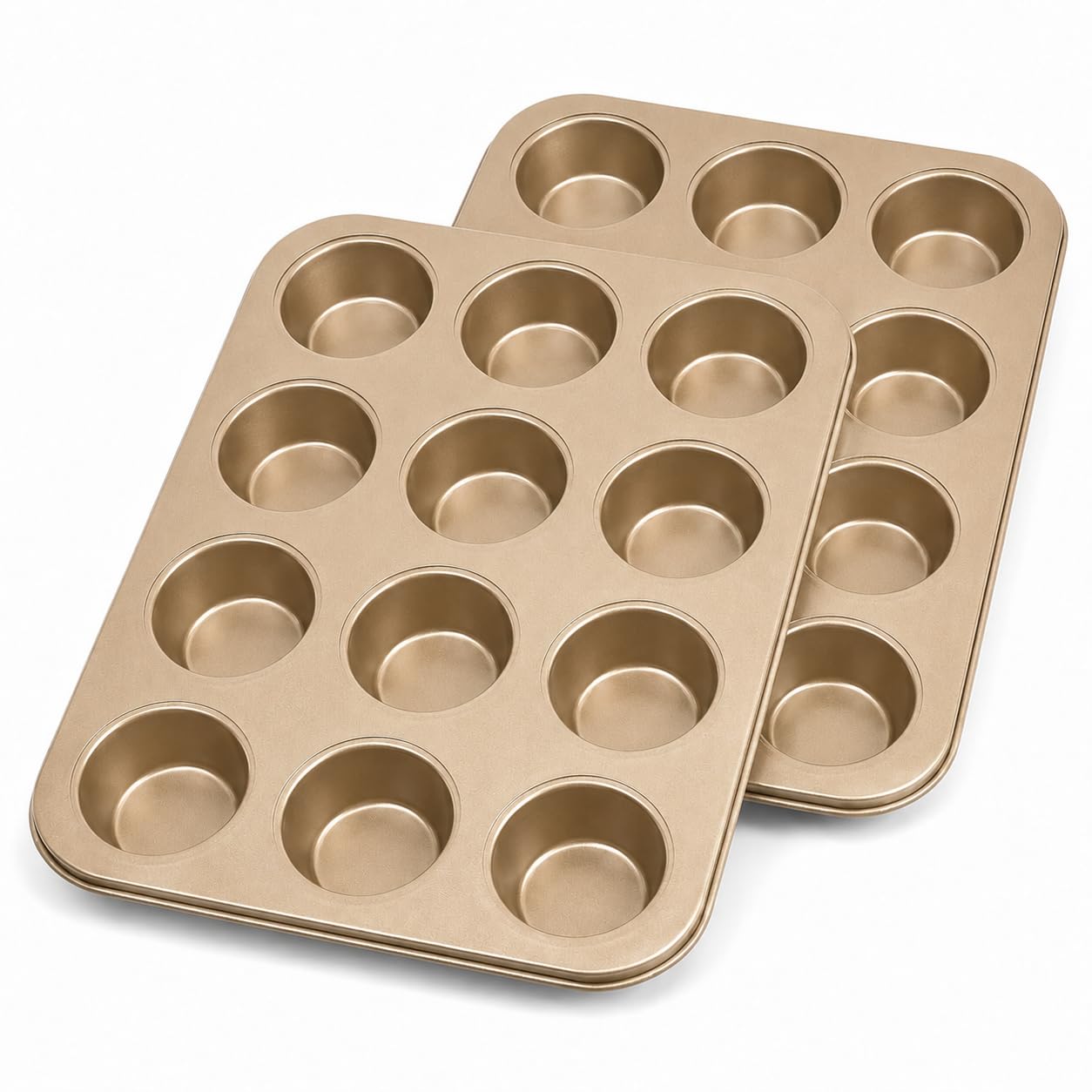 Juego De 2 Moldes Para Muffins De 12 Tazas, Bandeja Para Hornear Magdalenas,Lata Para Muffins De 12 Cavidades Para Horno, Moldes Para Pasteles De Taza Aptos Para Lavavajillas (Oro)