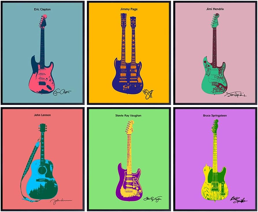 Guitar Wall Decor - Jimi Hendrix, Stevie Ray Vaughan, Eric Clapton, Springsteen, Lennon - Andy Warhol, Pop Art Wall Art Poster Set -8x10 Modern Artwork Prints - Music, Guitar Gifts for Men, Musicians