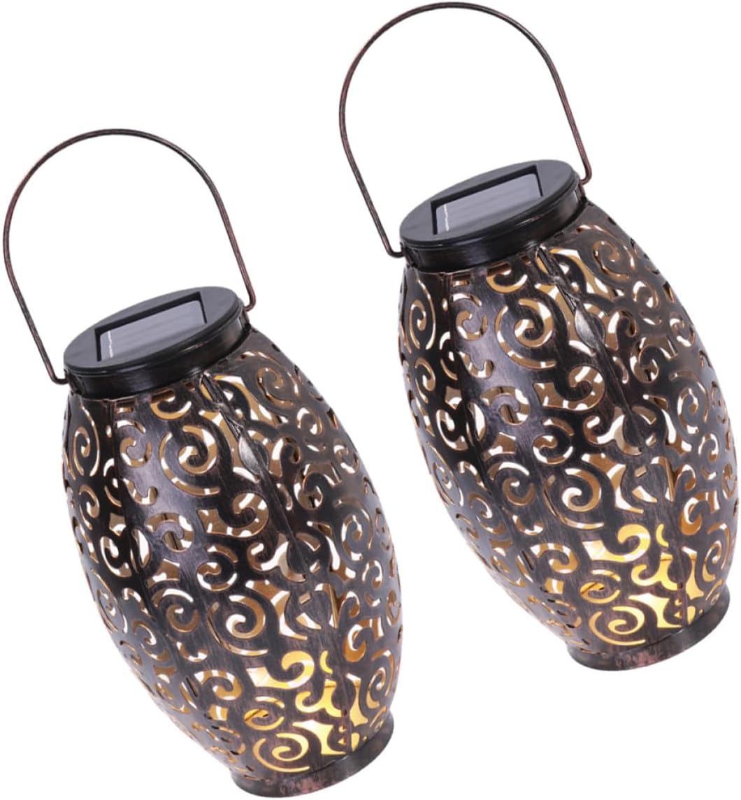 VALICLUD 2pcs Iron Art Solar Lantern Decorative Hanging Outdoor Lights with Hollow-Out Design Portable Patio Garden Lamps in Antique Bronze